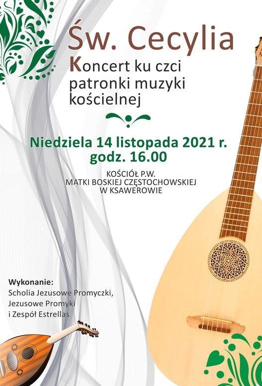 Plakat zapraszający na koncert ku czci patronki muzyki kościelnej. Z prawej strony o w dolnym lewym rogu rysunki gitar. 