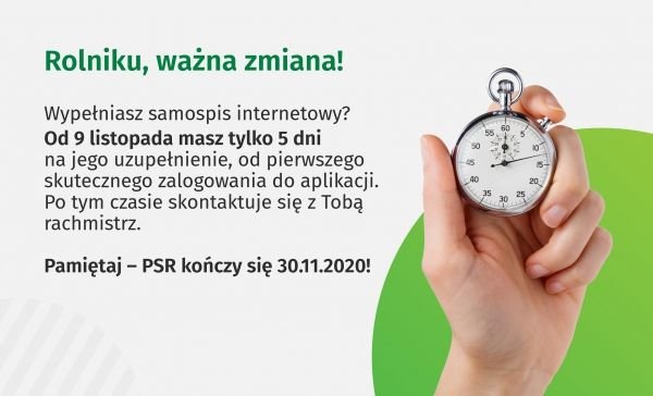 na plakacie dłoń z minutnikiem i treść informująca o zmianie w czasie na dokonanie samospisu internetowego