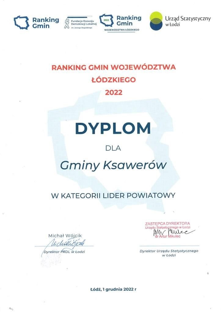 Ranking Gmin Województwa Łódzkiego 2022. Dyplom dla Gminy Ksawerów w kategorii Lider Powiatowy