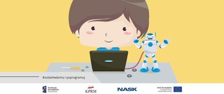 grafika chłopca i robota przy laptopie
