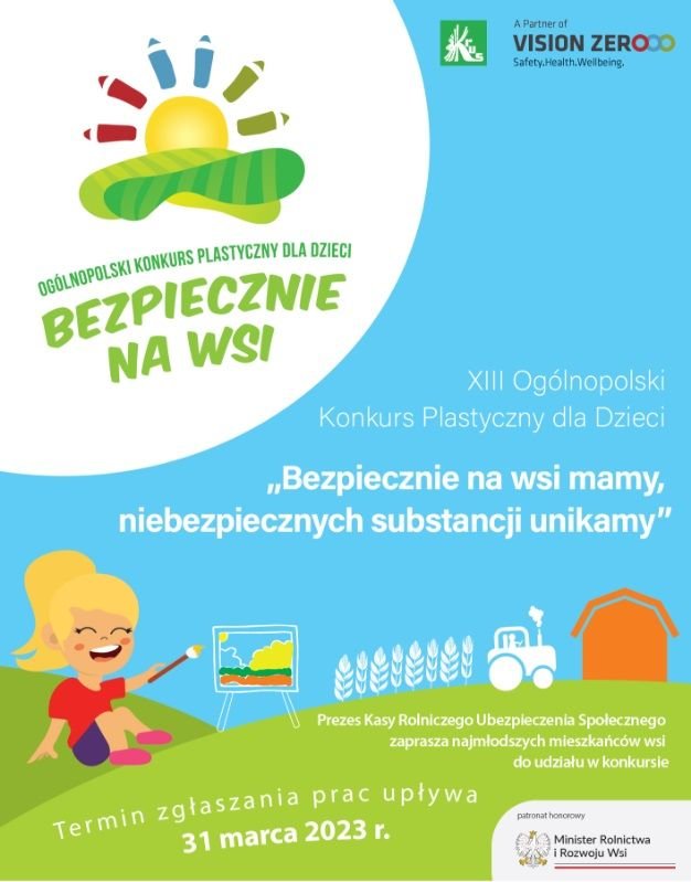 plakat informujący o konkursie plastycznym bezpiecznie na wsi