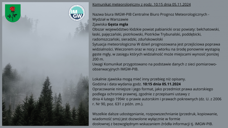 ostrzeżenie meteorologiczne dotyczące gęstych mgieł