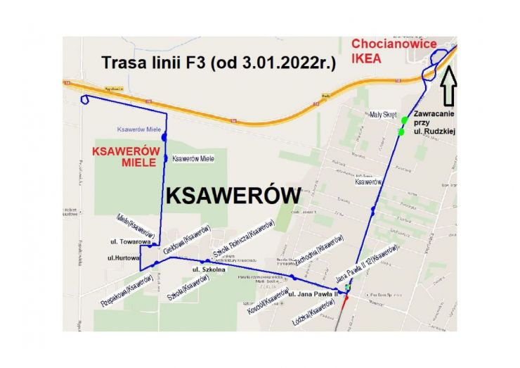 Rysunek przedstawia plan Ksawerowa z naniesioną niebieską linią przedstawiającą przebieg trasy linii F3