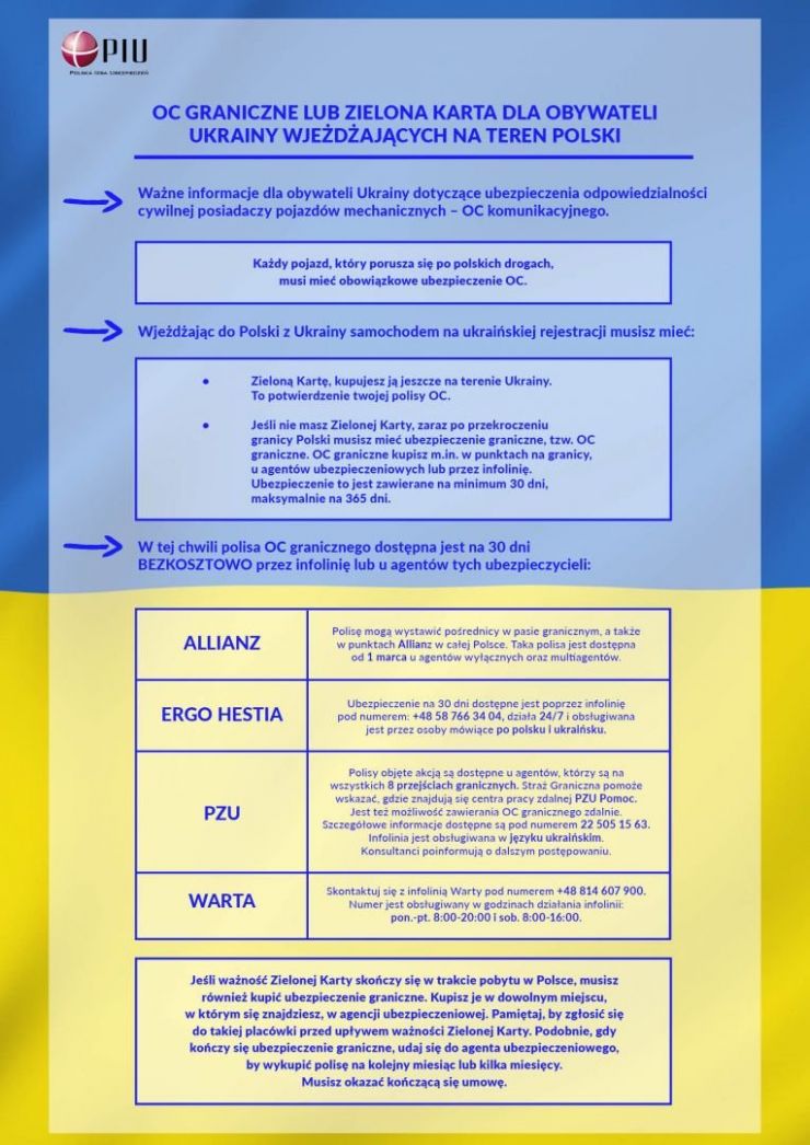 informacje o ubezpieczycielach  OC graniczne lub zielona karta dla obywateli Ukrainy wjeżdżających na teren Polski