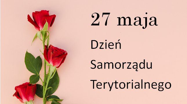 Kwiat róży na różowym tle. Napis 27 maja Dzień Samorządu Terytorialnego
