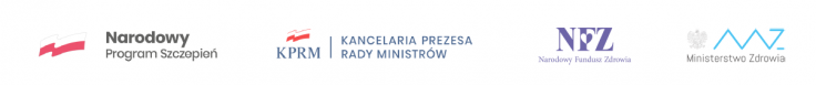 Logotypy: Narodowego Programu Szczepień, Kancelarii Prezesa Rady Ministrów, Narodowego Funduszu Zdrowia i Ministerstwa Zdrowia
