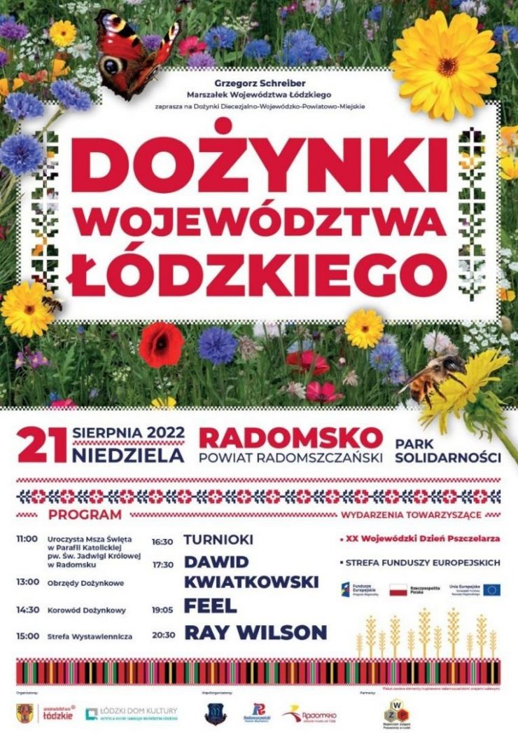 Plakat zapraszający na Dożynki Wojewódzkie. W tle kwiaty polne. Treść przytoczona poniżej