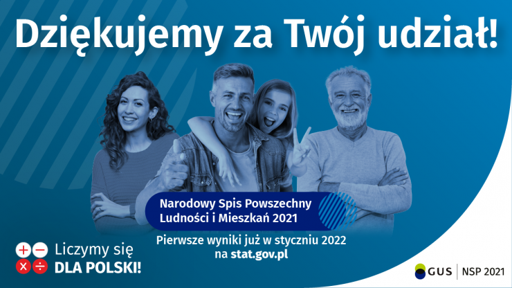 Grafika z  niebieskim tłem przedstawia się cztery uśmiechnięte osoby różnej płci i w różnym wieku oraz napisy: dziękujemy za twój udział!, narodowy spis powszechny ludności i mieszkań 2021, liczymy się dla polski, pierwsze wyniki już w styczniu 2022 na st