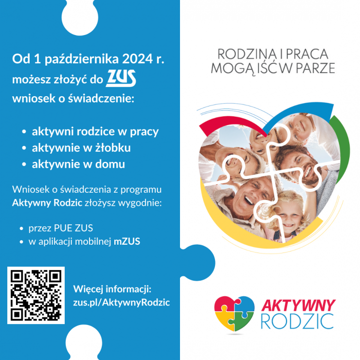 Kolorowa infografika na temat programu „Aktywny Rodzic” wchodzącego w życie 1 października 2024 r., zawierająca szczegóły dotyczące korzyści dla aktywnych rodziców oraz sposoby składania wniosków za pośrednictwem strony internetowej i aplikacji mobilnej.