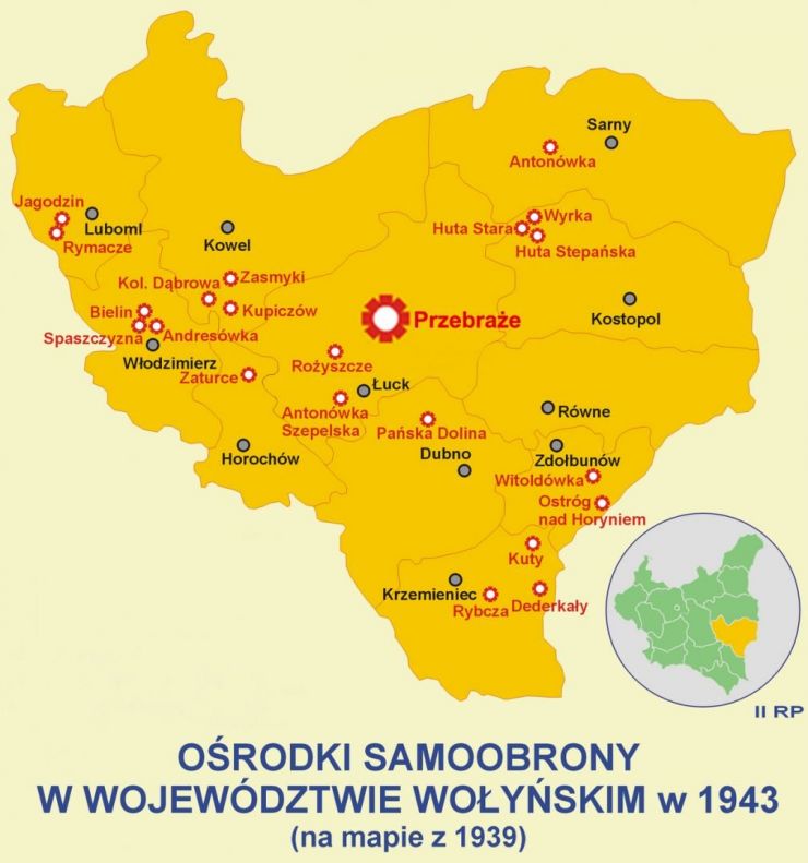 Rysunek przedstawiający kontury województwa wołyńskiego - na pomarańczowym tle naniesione czerwone i czarne punkty z nazwami miejscowości