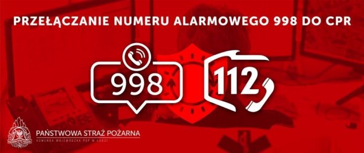 Na czerwonym tle znajdują się grafiki przedstawiające numer 998 w chmurce ze słuchawką oraz numer 1120 z konturem granic polski. Poniżej logotyp PSP 