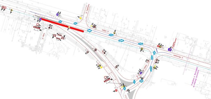 mapa z narysowanymi ulicami i wyznaczeniem pasa ruchu podczas zamknięcia części drogi
