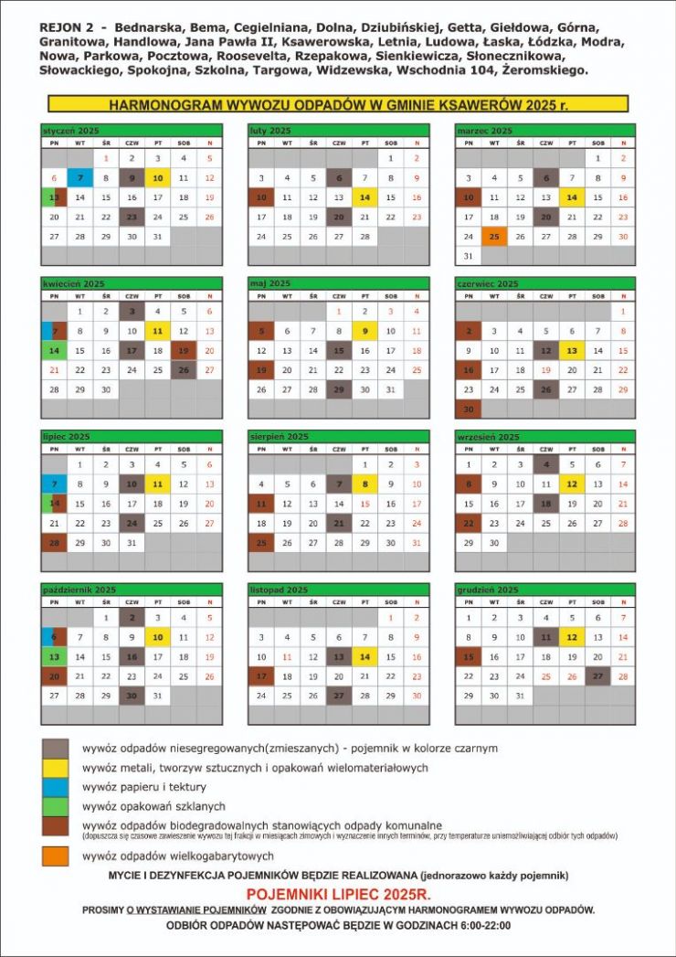 harmonogram wywozu śmieci -tabela z zaznaczonymi dniami odbioru