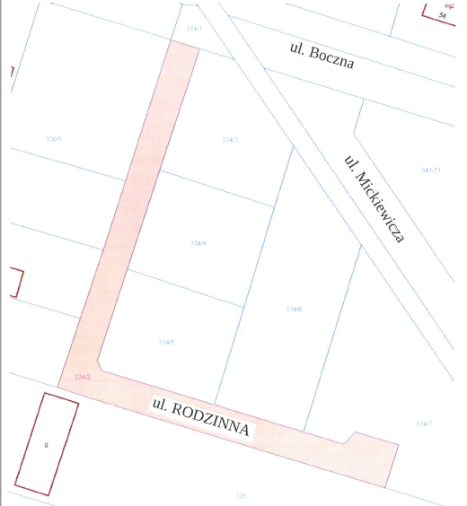 Fragment planu Ksawerowa z widocznym podziałem na działki i ulice. Nowa ulica zaznaczona na różowo