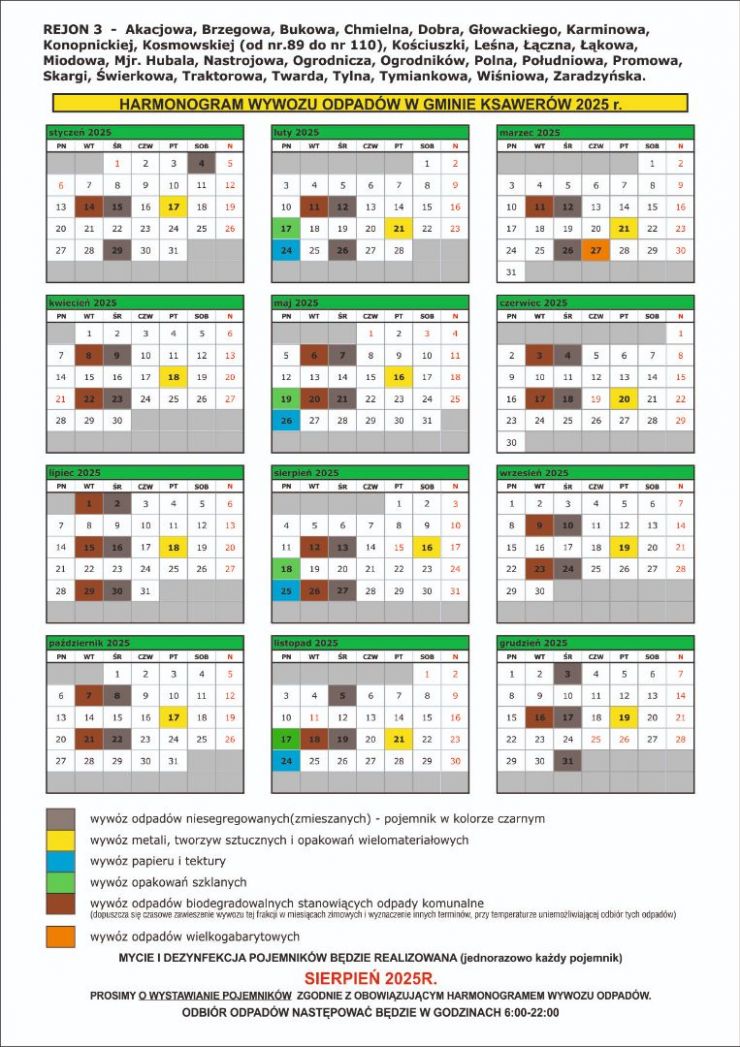harmonogram wywozu śmieci -tabela z zaznaczonymi dniami odbioru