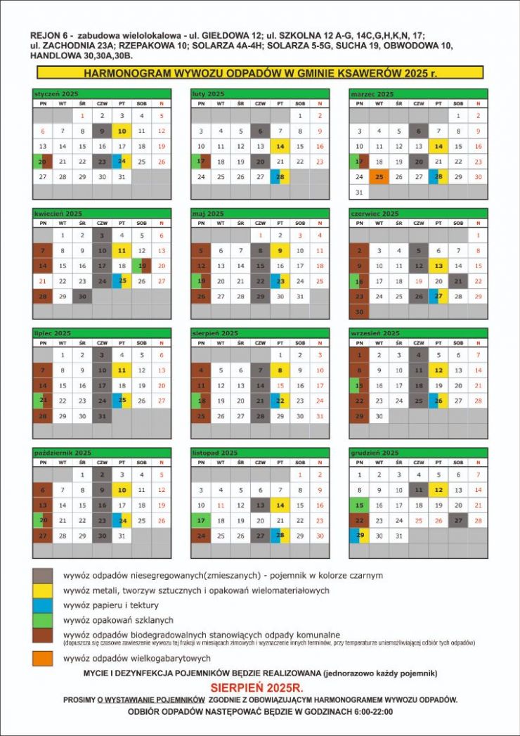 harmonogram wywozu śmieci -tabela z zaznaczonymi dniami odbioru