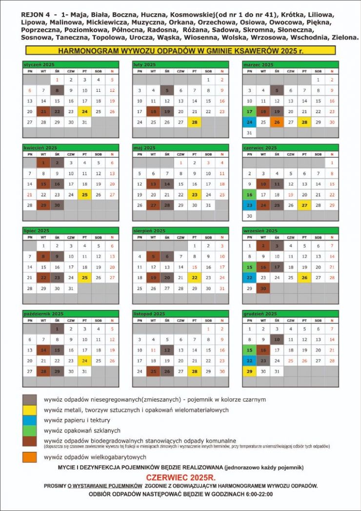 harmonogram wywozu śmieci -tabela z zaznaczonymi dniami odbioru