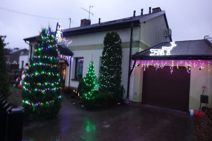 Na zielonych krzewach zawieszone kolorowe lampki. Z prawej strony garaż - z dachu zwisają kolorowe sople, na dachu biały świecący jelonek z saniami. 