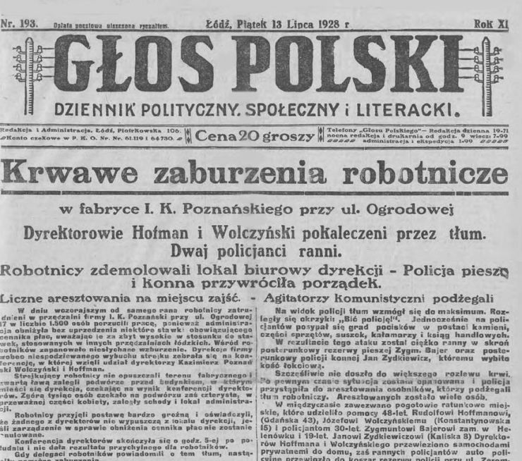 czarno-biała gazeta "Głos Polski"  widoczna treść artykułu z 1928 r.