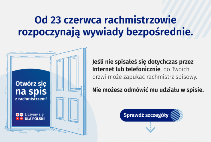 Plakat informujący o rozpoczęciu wywiadów bezpośrednich Na plakacie rysunek drzwi i informacja: Od 23 czerwca rachmistrzowie rozpoczynają wywiady bezpośrednie. Jeśli nie spisałeś się dotychczas przez Internet lub telefonicznie to do Twoich drzwi może zapukać rachmistrz spisowy. nie możesz odmówić mu udziału!