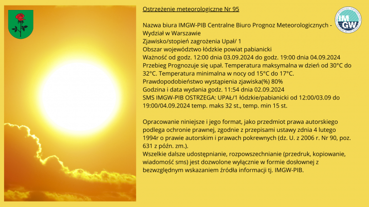 Ostrzeżenie meteorologiczne wraz z grafika słońca