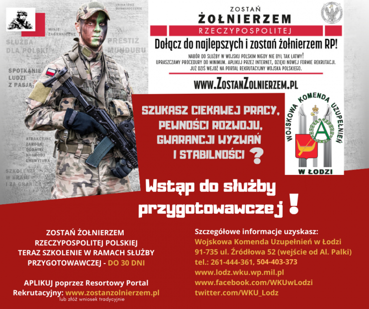 plakat w biało czerwonej kolorystyce - z lewej strony żołnierz, z prawej stronie informacje o naborze