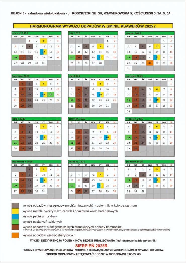 harmonogram wywozu śmieci -tabela z zaznaczonymi dniami odbioru