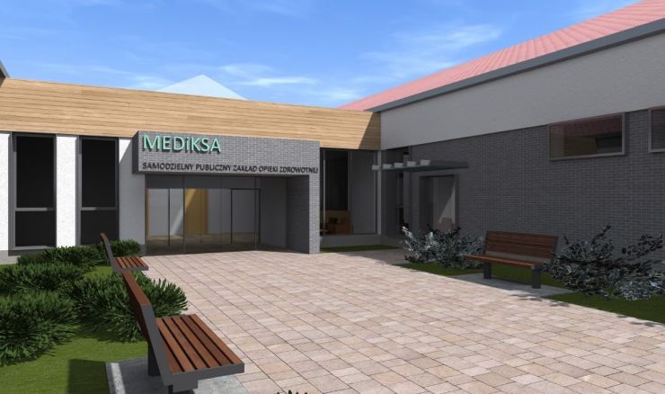 Wizualizacja budynku nowego ośrodka zdrowia przedstawiająca wejście do budynku wraz z terenem przed obiektem wyposażonym w ławki i nasadzenia