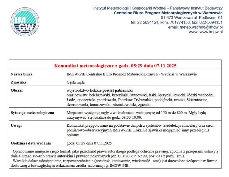 informacja o gęstych mgłach