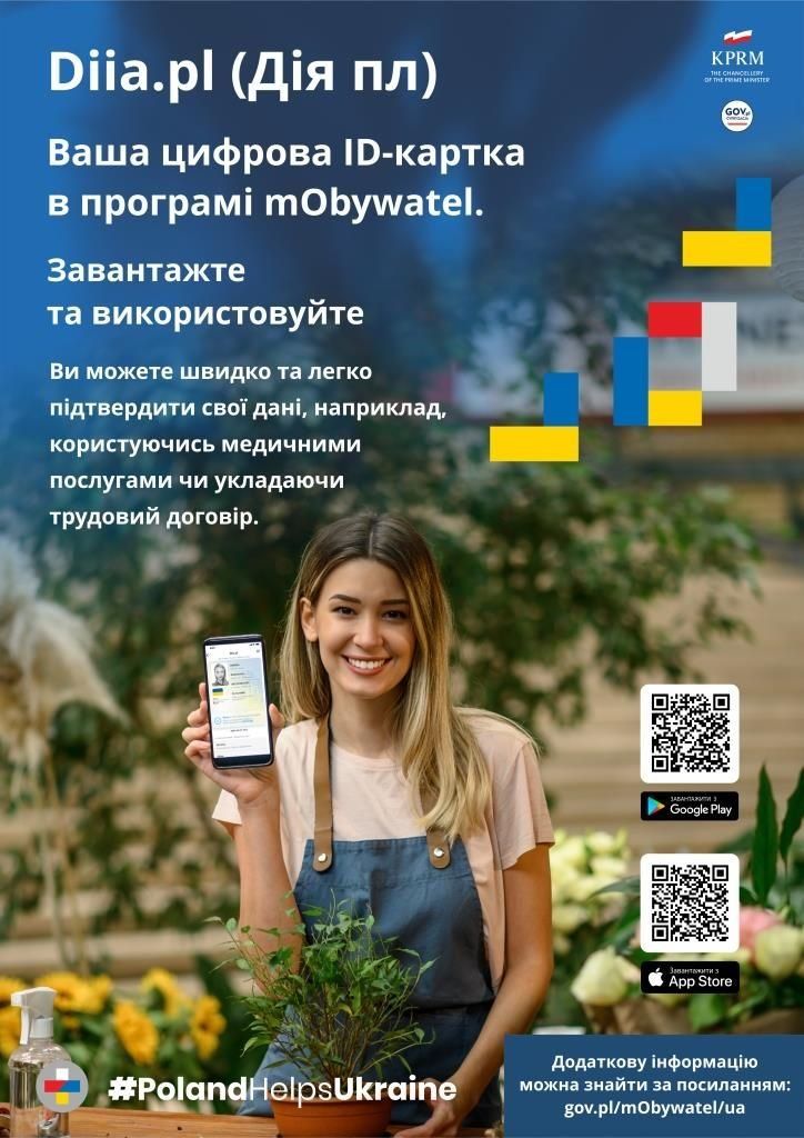 Ulotka w języku ukraińskim. na zdjęciu młoda kobieta trzymająca w ręki telefon z aplikacją
