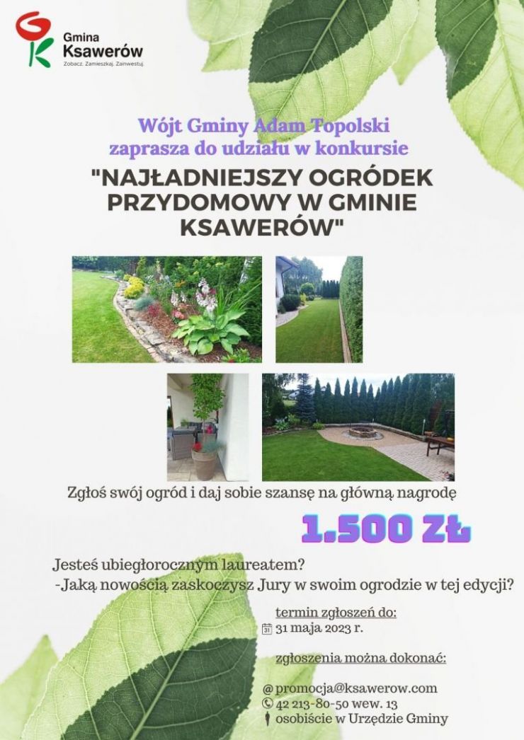 Plakat informujący o konkursie na "Najładniejszy przydomowy ogródek w gminie Ksawerów"