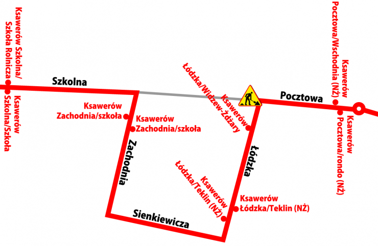 Schemat objazdu linii 263 z zaznaczonymi przystankami tymczasowymi