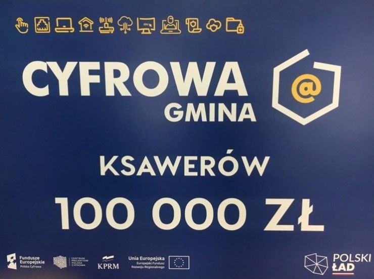 czek a na nim napis cyfrowa gmina Ksawerów 100 000 zł Polski Ład