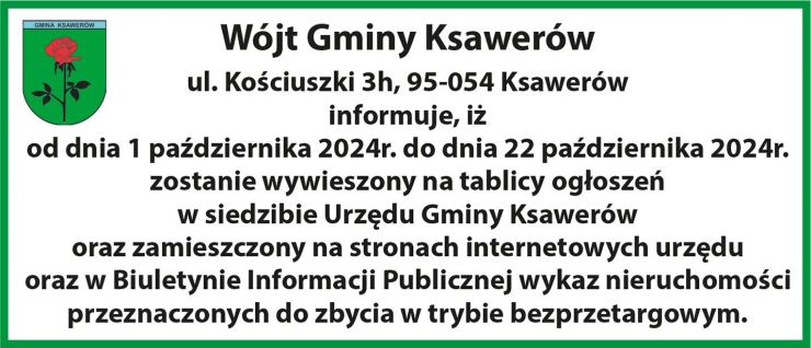 Informacja z herbem gminy. Treść przytoczona poniżej