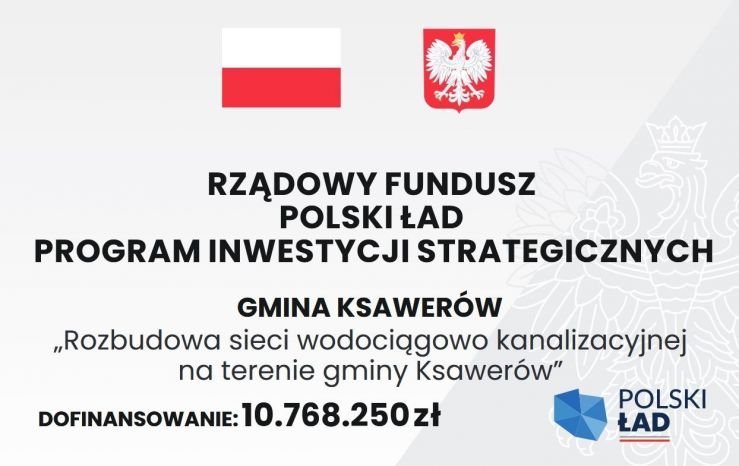 Na szary tle informacja o dofinansowaniu z Rządowego Funduszu Polski Ład wraz z kwotą i logotypami